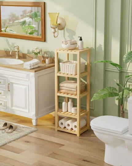 Doğal Ahşap Banyo Rafı – 5 Katlı Düzenleyici ve Havluluk