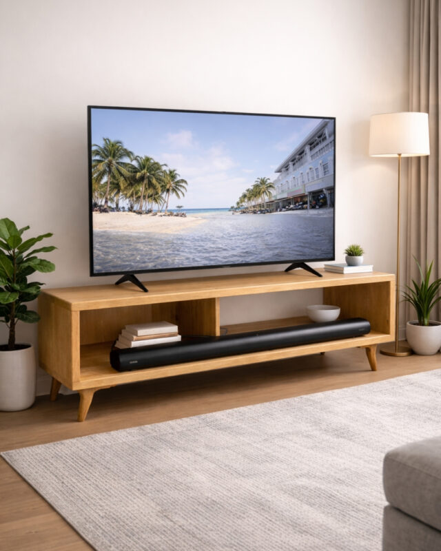 Doğal Ahşap TV Ünitesi – Modern Tasarımlı, Açık Raflı Televizyon Sehpası